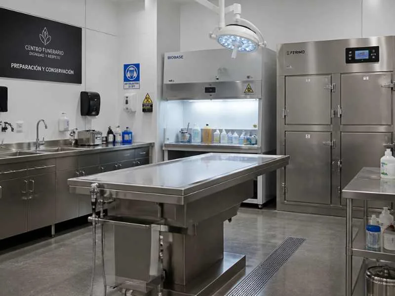Sala de preparación y conservación en un centro funerario con equipos especializados de bioseguridad|IA