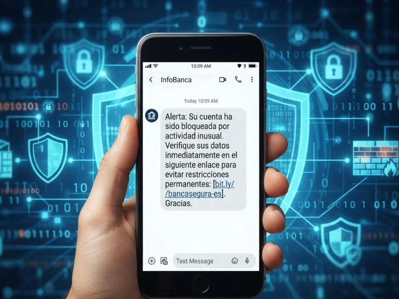 Smartphone mostrando un mensaje sospechoso de smishing en la pantalla sobre un fondo digital de seguridad