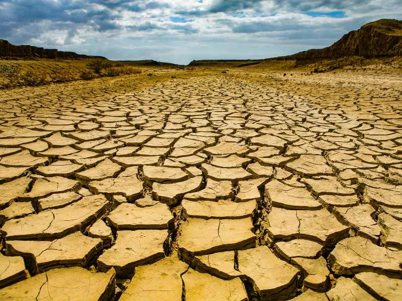 Terreno agrietado por la sequía extrema bajo un cielo despejado