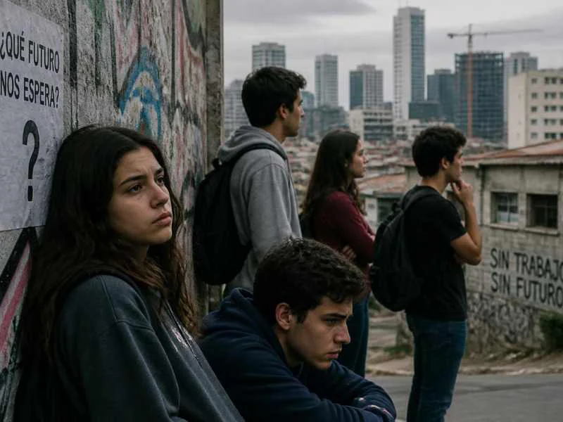Jóvenes y adolescentes en un entorno urbano reflejando la incertidumbre sobre su futuro socioeconómico|IA