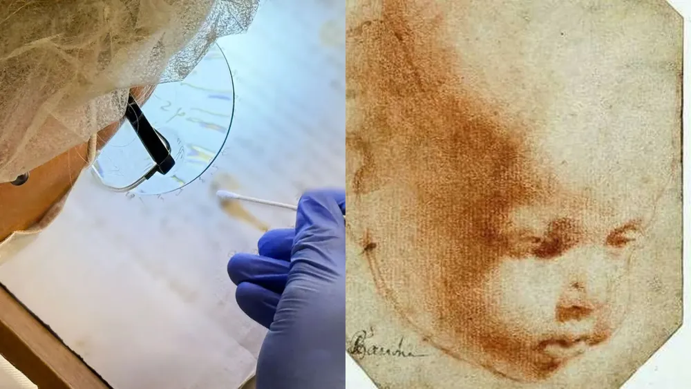 Karina Åberg tomando muestras (izquierda) y el dibujo de "Santo Niño" (derecha) | Foto: National Geographic