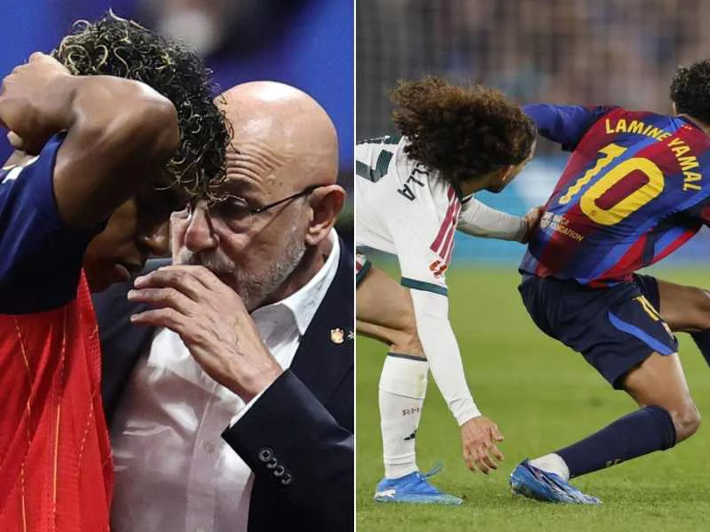 Los futbolistas Lamine Yamal y Marc Cucurella durante un partido