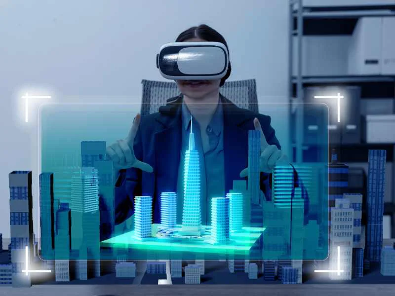 Persona utilizando gafas de realidad virtual avanzadas en un entorno moderno