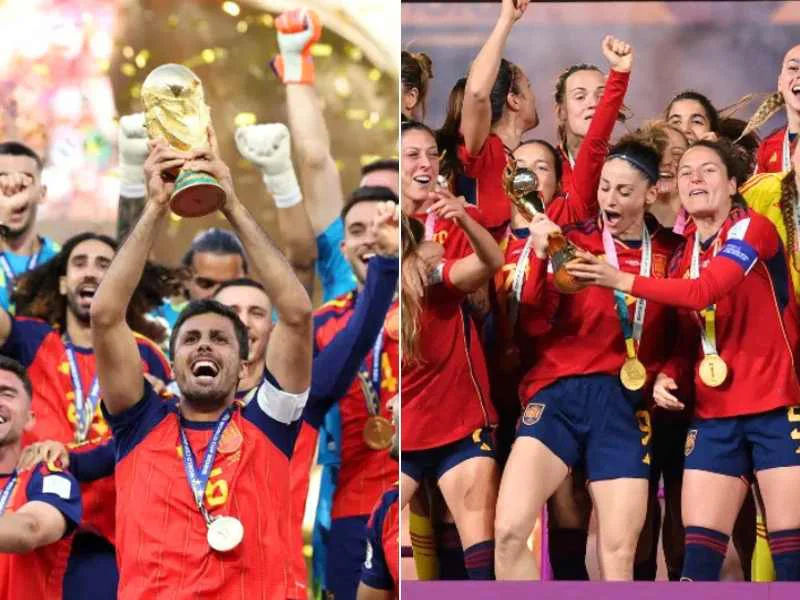 Jugadores de la seleccion de España celebrando la obtencion de la Copa Mundial de Futbol