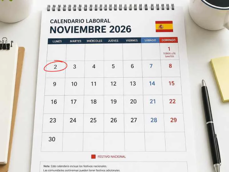 Calendario laboral marcando los días festivos de noviembre 2026 en España|IA