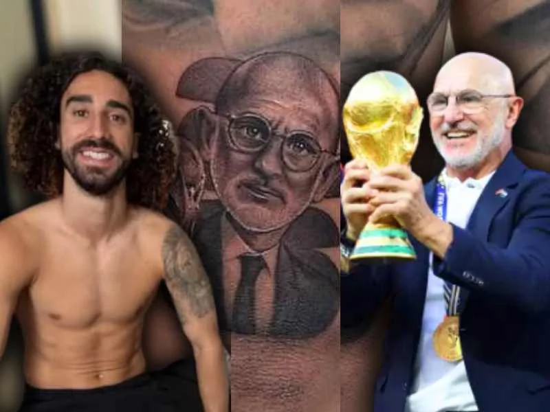 Marc Cucurella mostrando el tatuaje del rostro de Luis de la Fuente en su pierna tras ganar el Mundial 2026