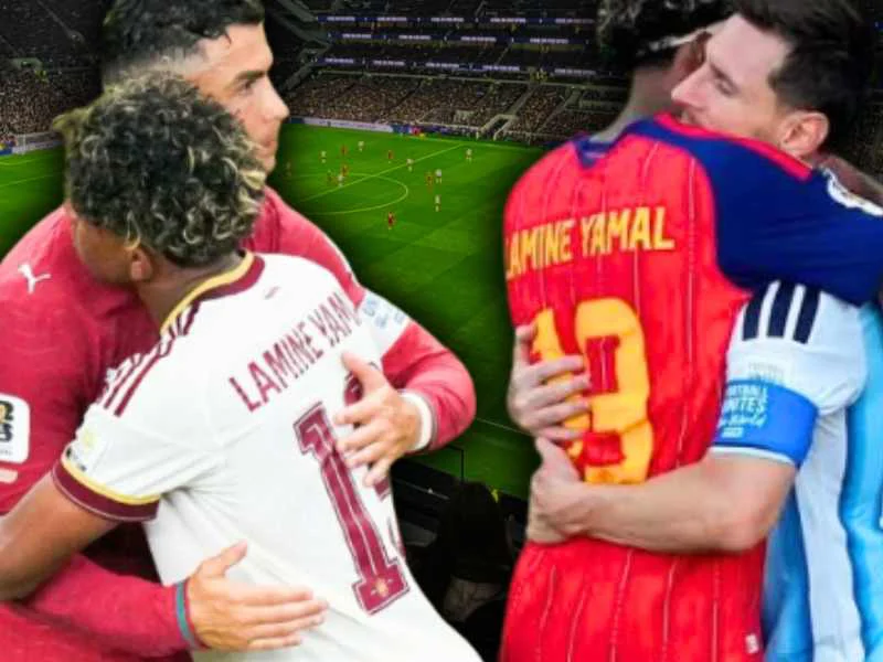 Lamine Yamal saludando a Lionel Messi y a Cristiano Ronaldo