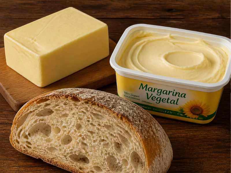 Rebanada de pan artesanal junto a un bloque de mantequilla y una tina de margarina vegetal sobre una mesa de madera|IA 