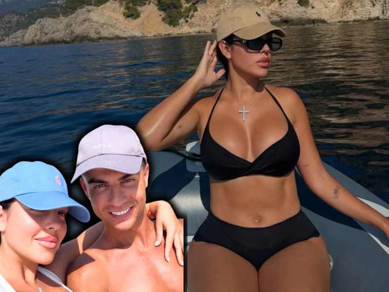 Georgina Rodríguez y Cristiano Ronaldo posando juntos durante sus recientes vacaciones