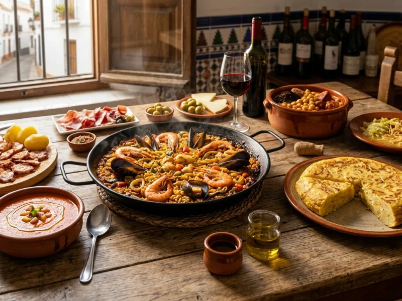 variedad-de-platos-tipicos-espanoles-como-paella-y-tortilla-sobre-una-mesa-de-madera