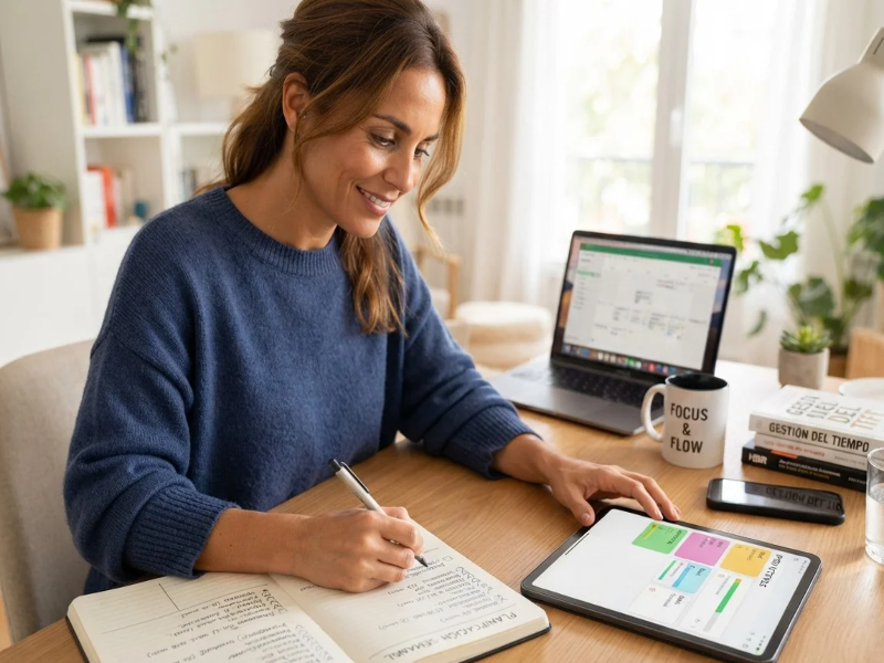 Persona organizando sus tareas en una libreta y aplicación digital sobre un escritorio de trabajo