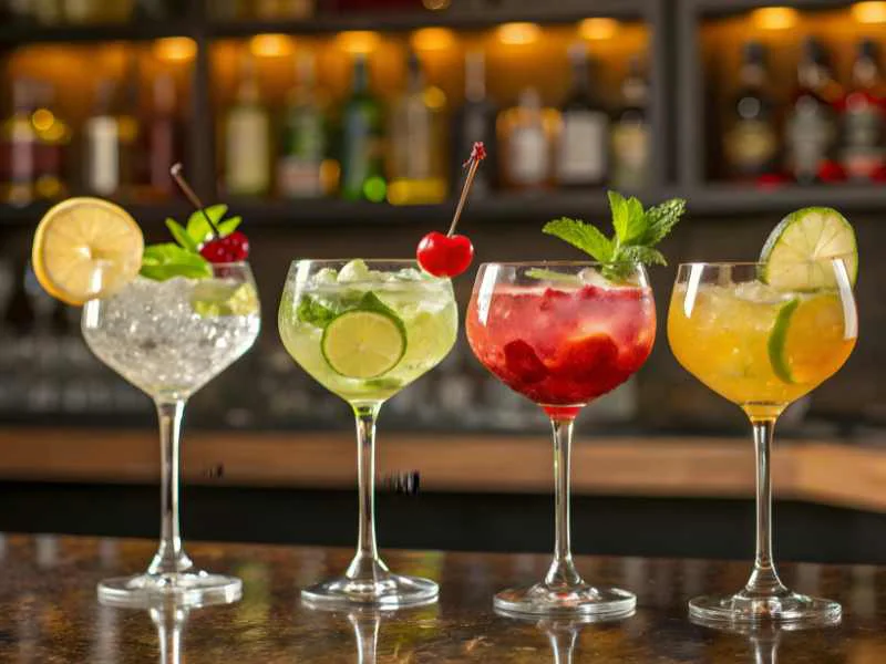 Selección de cócteles tropicales y refrescantes servidos con hielo y frutas en la barra de un bar