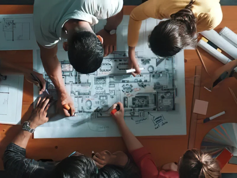 Plano arquitectónico sobre la mesa de trabajo de una parcela en construcción en España
