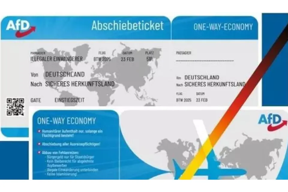 Panfleto de AfD con forma de billete de avión para la deportación de inmigrantes. AFD - El Diario.es