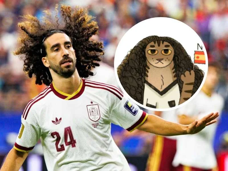 Animación del gato con peluca rizada y la bandera de España del homenaje de Google a Marc Cucurella