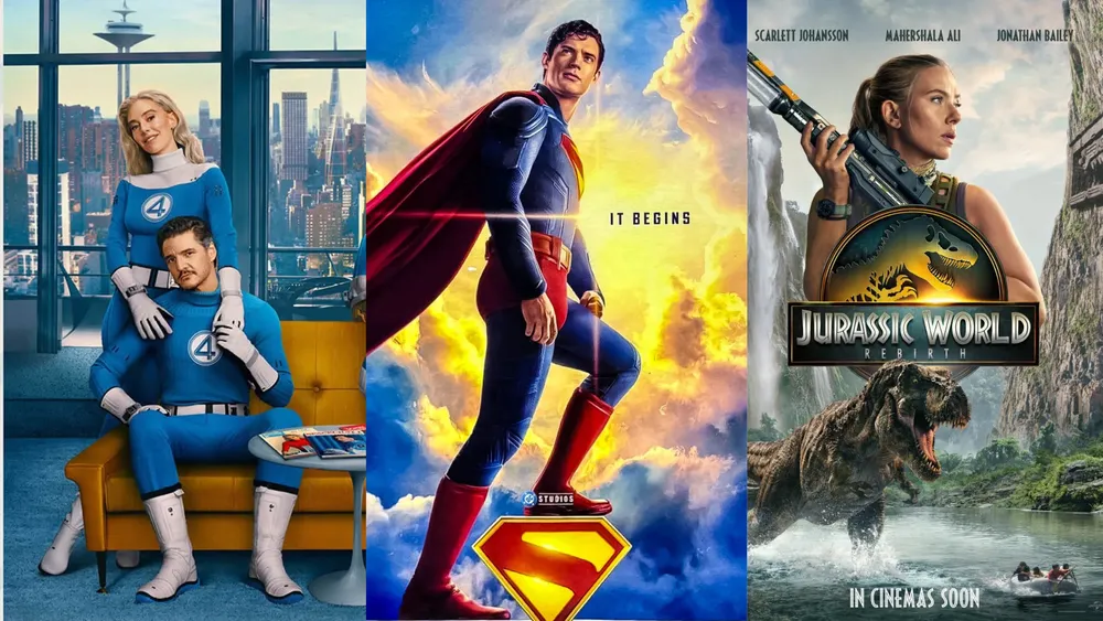 "Los cuatro fantásticos", "Superman" y "Jurassic World". Foto: Filmaffinity/ Disney / Instagram (@dcu_direct) Posters promocionales de 'Los cuatro fantásticos. Primeros pasos', 'Superman' y 'Jurassic World: El renacer'.