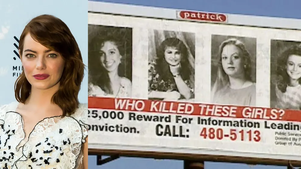 A la izquierda Ema Stone, a la derecha una valla publicitaria con las 4 victimas de Austin, Texas|Foto: Steve Disenhof La serie de Ema Stone “The Yogurt Shop Murders”, disponible en HBO Max, revive el caso que conmocionó a Austin en 1991 y que aún permanece sin resolver