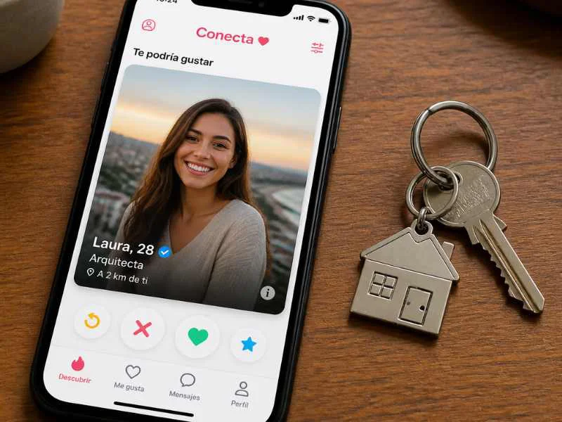 Teléfono inteligente mostrando una aplicación de citas sobre una mesa junto a unas llaves de casa