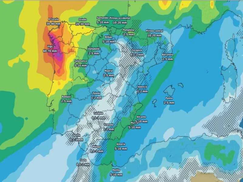 Mapa del modelo meteorológico europeo mostrando la distribución de lluvias acumuladas en la Península|Foto: Meteovigo