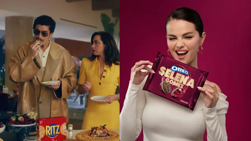 Bad Bunny en un comercial para Ritz y Selena Gómez promocionando su versión de Oreo|Foto: Mondelez International Group Debido a la desaceleración en las ventas de snacks en Norteamérica, las grandes empresas de alimentos estan apostando por alianzas con iconos culturales como Bad Bunny y Selena Gomez para conectar con los consumidores subir las ventas.