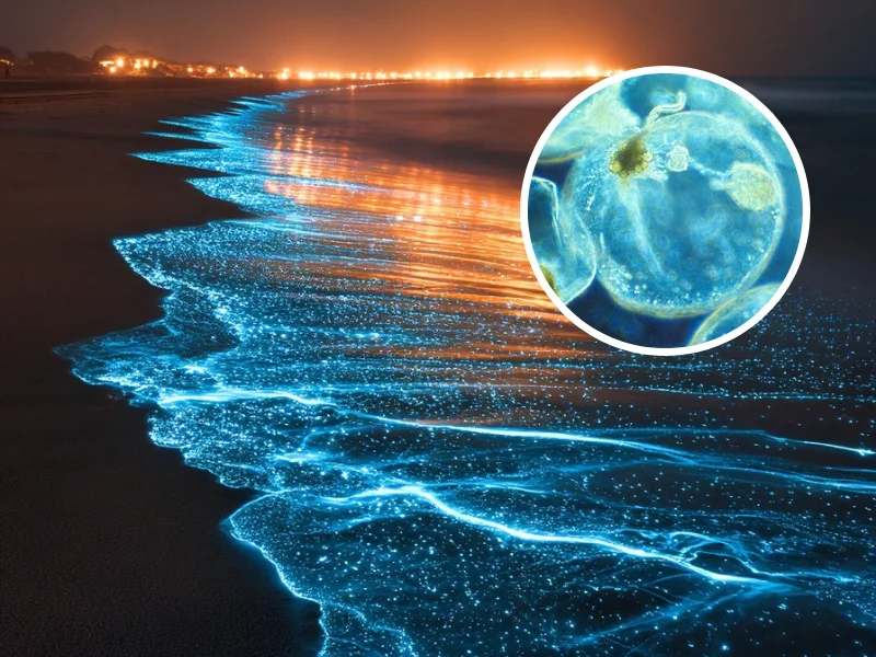 Olas azules bioluminiscentes en la playa durante el fenómeno del mar de ardora en la costa de Galicia