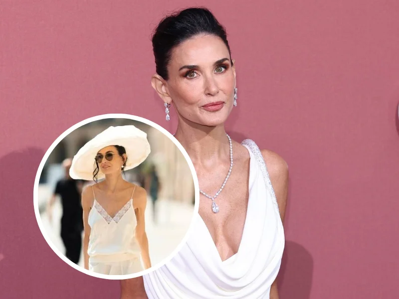 Demi Moore sorprende con un look nupcial de dos piezas a sus 63 años