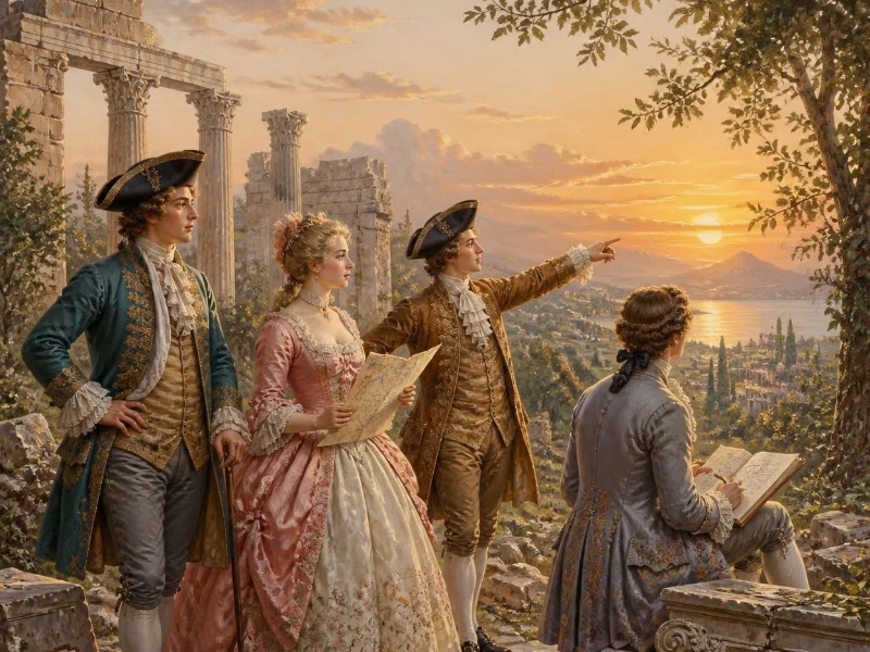 Ilustración histórica de jóvenes aristócratas del siglo XVIII durante el Grand Tour en Europa